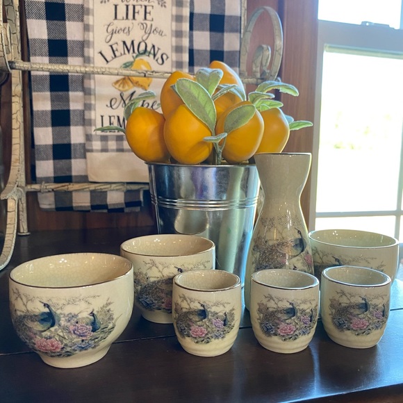 Vintage Japanese Haikei Peacock π¦ sake set signed